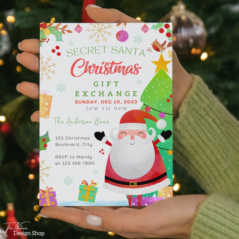 May include: A white invitation card with a cartoon Santa Claus and a Christmas tree. The text reads "Secret Santa Christmas Gift Exchange Sunday, Dec 10, 2023 5pm to 9pm The Anderson Home 123 Christmas Boulevard, City RSVP to Mandy at 123 456 7890".