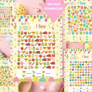 May include: A collection of Easter-themed "I Spy" game printables. The games feature colorful illustrations of Easter eggs, chicks, bunnies, and other spring elements. Each game has a different pattern and a space to write the number of items found.