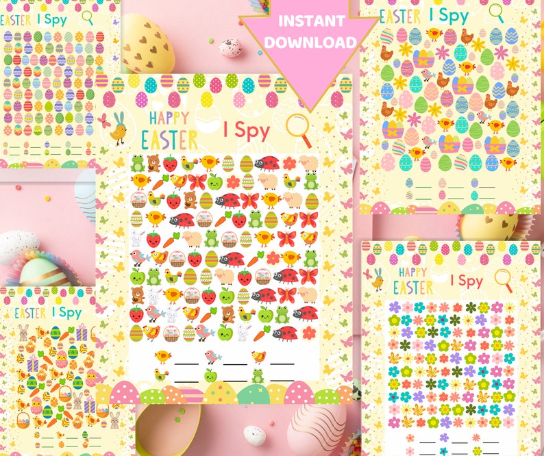 May include: A collection of Easter-themed "I Spy" game printables. The games feature colorful illustrations of Easter eggs, chicks, bunnies, and other spring elements. Each game has a different pattern and a space to write the number of items found.