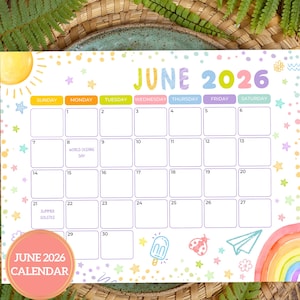 Op de afbeelding: Een kleurrijke juni 2026 kalender met een speels ontwerp. De kalender heeft een pastel kleurenschema, met de maandnaam in grote, veelkleurige letters. Decoratieve elementen zijn sterren, een zon en een regenboog.