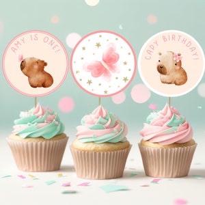 Editable Capybara Birthday Cupcake Toppers Capybara Cake Topper Girl Birthday Decoration Girl Cake Toppers Capybara Party Decorations 02