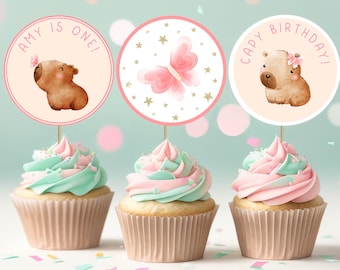 Edytowalne Capybara Urodzinowe Cupcake Toppery Capybara Cake Topper Dziewczyna Dekoracja Urodzinowa Dziewczęce Cake Toppery Dekoracje Imprezowe Capybara 02