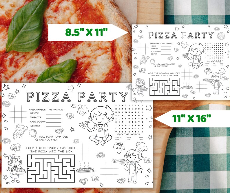 Peut inclure: Deux sets de table d'activit&eacute;s imprimables en noir et blanc avec des mots crois&eacute;s, des labyrinthes et des puzzles sur le th&egrave;me de la pizza. Les sets de table mesurent 8,5 pouces par 11 pouces et 11 pouces par 16 pouces.