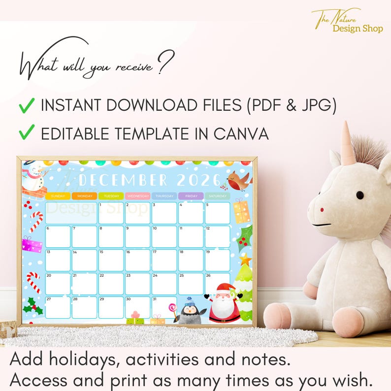 May include: A December 2026 calendar with a festive design, featuring a snowman, Santa Claus, and a penguin. The calendar is decorated with candy canes, gifts, and a Christmas tree. The text "What will you receive?" is at the top.