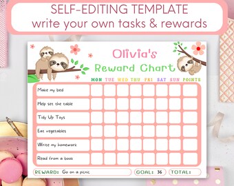 May include: A pink and green printable reward chart with a sloth design. The chart has spaces for each day of the week and a section for points. The text "Olivia's Reward Chart" is at the top of the chart. The text "Make my bed", "Help set the table", "Tidy Up Toys", "Eat vegetables", "Write my homework", and "Read from a book" are listed on the left side of the chart. The text "Go on a picnic" is listed under "REWARD:". The text "GOAL: 36" and "TOTAL:" are listed at the bottom of the chart.