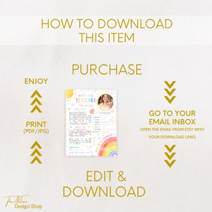 May include: A colorful graphic with instructions on how to download a digital printable. The graphic features a teacher's meet and greet poster with a rainbow and the text "Meet the Teacher" and "Believe in Yourself!"