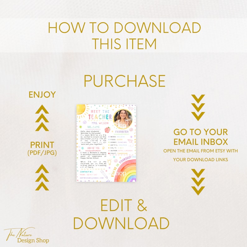 May include: A colorful graphic with instructions on how to download a digital printable. The graphic features a teacher's meet and greet poster with a rainbow and the text "Meet the Teacher" and "Believe in Yourself!"