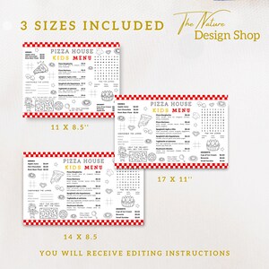 May include: Three printable Pizza House kids menus with red and white checkered borders, featuring food lists, word games, a maze, and tic-tac-toe. The menus are labeled with sizes 11 x 8.5 inches, 14 x 8.5 inches, and 17 x 11 inches.