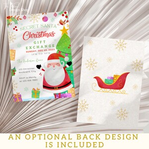 May include: A festive Christmas invitation with a cartoon Santa Claus holding a Christmas tree. The invitation includes the text "Secret Santa Christmas Gift Exchange" and details for the event. The background is a watercolor style with snowflakes and presents.