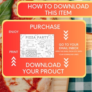 Peut inclure: Un graphique rouge et jaune avec le texte "How to Download This Item", "Purchase", "Enjoy", "Print", "Pizza Party", "Go to Your Email Inbox", "Open the email from Etsy with your download links", "Download Your Prouct".