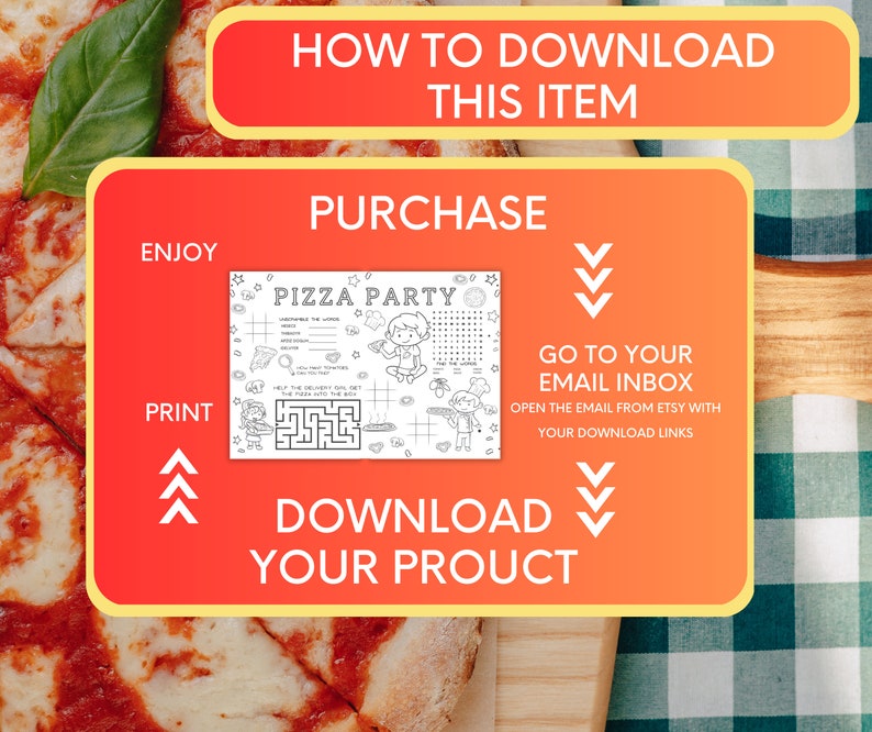 Peut inclure: Un graphique rouge et jaune avec le texte "How to Download This Item", "Purchase", "Enjoy", "Print", "Pizza Party", "Go to Your Email Inbox", "Open the email from Etsy with your download links", "Download Your Prouct".