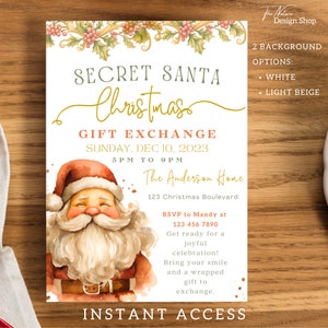 Pu&ograve; includere: Un invito stampabile per uno scambio di regali di Natale Secret Santa. L'invito presenta un'illustrazione ad acquerello di Babbo Natale con un cappello rosso e una barba bianca. Il testo sull'invito recita: "Secret Santa Christmas Gift Exchange, Sunday, Dec 10, 2023, 5pm to 9pm, The Anderson Home, 123 Christmas Boulevard, RSVP to Mandy at 123 456 7890, Preparati per una festa gioiosa! Porta il tuo sorriso e un regalo impacchettato da scambiare."