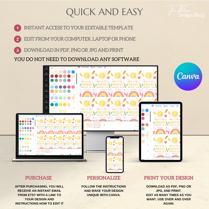 May include: Editable template for a "Here's to a Bright School Year" design with a rainbow, sun, and leaves. The template can be edited using Canva and downloaded as a PDF, PNG, or JPG file.