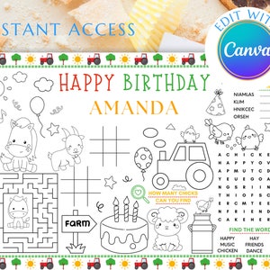 Barnyard Placemat Farm Birthday Placemat Personalized Digital File Printable Custom Farm Animal Party Barnyard Party Activity Mat Animals