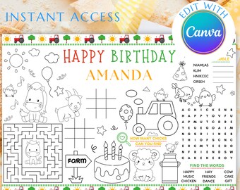 Mantel individual de granja para cumpleaños, personalizado, digital, imprimible, para fiesta de animales de granja, actividades para fiestas de granja, animales