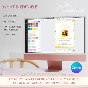 May include: A digital mockup of a wedding invitation with a watercolor illustration of a hamburger and the text "They said I do, Let's have a BBQ". The invitation is on a computer screen with a color palette and the Canva logo visible.