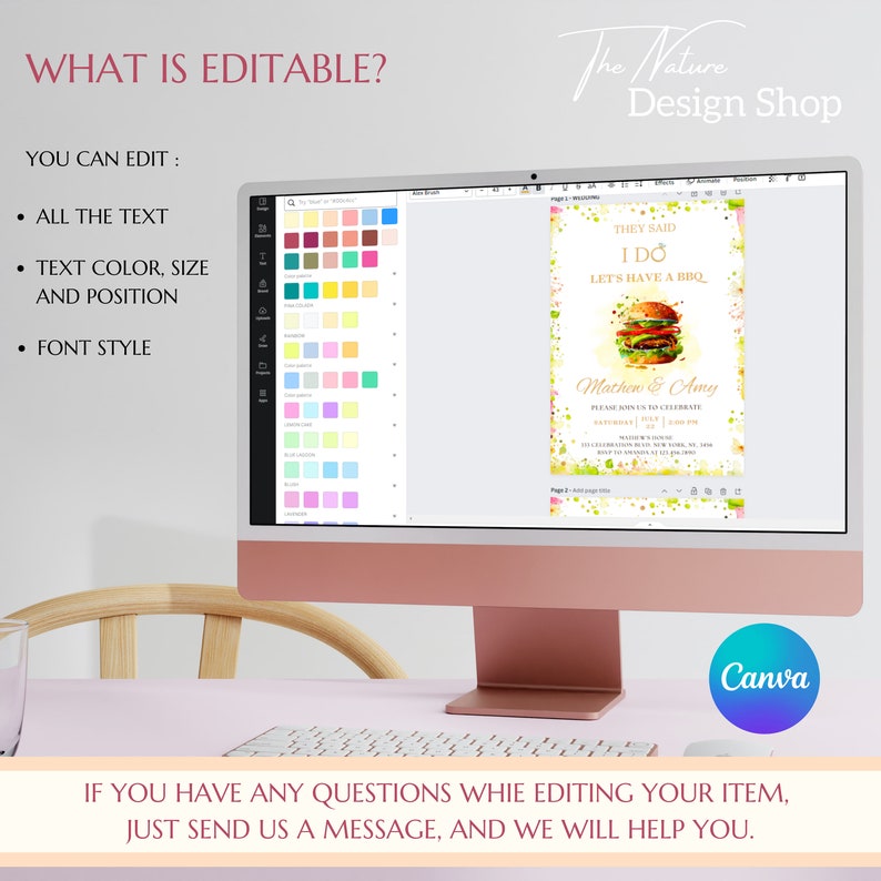 May include: A digital mockup of a wedding invitation with a watercolor illustration of a hamburger and the text "They said I do, Let's have a BBQ". The invitation is on a computer screen with a color palette and the Canva logo visible.