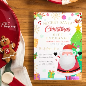 May include: A festive Christmas party invitation with a cartoon Santa Claus, a Christmas tree, and snowflakes. The text reads "Secret Santa Christmas Gift Exchange, Sunday, Dec 10, 2023, 5pm to 9pm, The Anderson Home, 123 Christmas Boulevard, City, RSVP to Mandy at 123 456 7890".