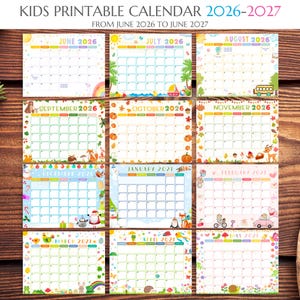 May include: A colorful printable calendar for kids, spanning from June 2026 to June 2027. Each month features a unique illustrated border with seasonal themes and playful graphics. The calendar includes the months of June, July, August, September, October, November, December, January, February, March, April, and May.