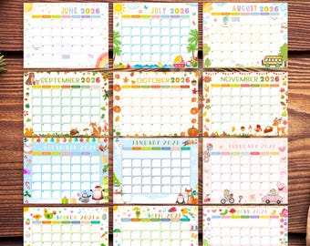 Kids Editable Calendar 2026-2027 Printable Calendar Kids Monthly Planner Template School Calendar Preschool 12 Month Calendar Kindergarten
