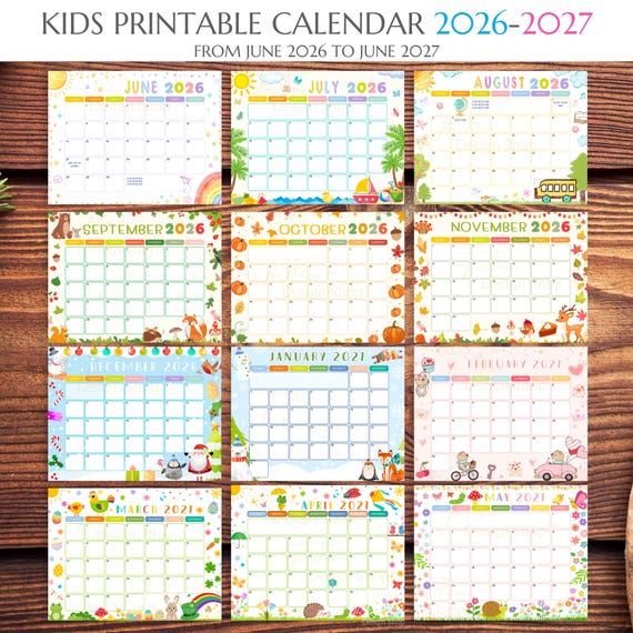 Kids Editable Calendar 2026-2027 Printable Calendar Kids Monthly Planner Template School Calendar Preschool 12 Month Calendar Kindergarten