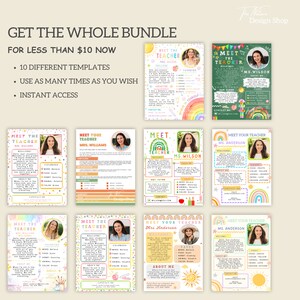 May include: A set of 10 printable teacher meet the teacher templates. The templates feature a rainbow, sun, and stars design. The templates are in a variety of colors, including pink, yellow, green, and blue. The text on the templates says "Meet the Teacher".