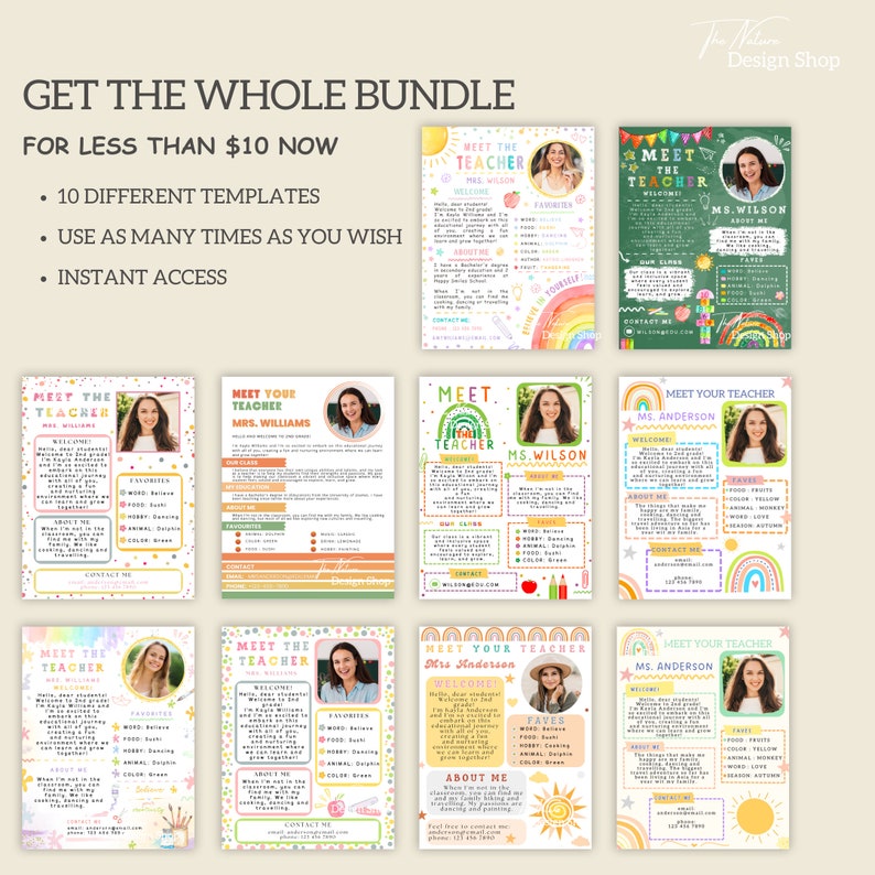 May include: A set of 10 printable teacher meet the teacher templates. The templates feature a rainbow, sun, and stars design. The templates are in a variety of colors, including pink, yellow, green, and blue. The text on the templates says "Meet the Teacher".