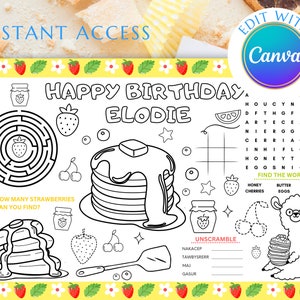 Pancakes and Pajamas Birthday Placemat Coloring Personalized Pancakes Party Activity Sleepover Party Games PJ Party Coloring Mat Christmas