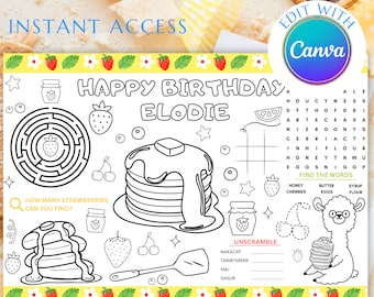 Panqueques y pijamas Cumpleaños Mantel individual para colorear Panqueques personalizados Actividad de fiesta Fiesta de pijamas Juegos de fiesta PJ Party Coloring Mat Navidad