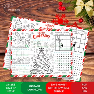 May include: A printable Christmas activity pack with two sizes, 8.5 x 11 inches and 11 x 16 inches. The pack includes a word search, a word scramble, a count the candy canes activity, a finish the drawing activity, and a color the drawing activity. The pack is available as a digital download in PDF and JPG formats.
