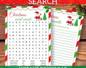 Puede incluir: Dos juegos de palabras de Navidad imprimibles. El primer juego es una búsqueda de palabras con las palabras "Candy Cane", "Christmas", "Stockings", "Tree", "Elf", "Jingle", "Santa", "Merry", "Presents", "Carols" y "Reindeer". El segundo juego es un juego de palabras con la instrucción "Scramble the Christmas words".