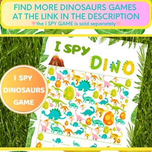 K&ouml;nnte beinhalten: Ein druckbares Ich-sehe-Spiel mit Dinosaurier-Thema. Das Spiel zeigt eine bunte Illustration von Dinosauriern, Eiern und einem Vulkan. Der Text "I Spy Dino" steht oben auf der Seite.