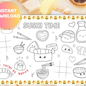 Sushi Party Placemat Sushi Coloring Activity Placemat Sushi Birthday Games Japanese Party Favors Activity Kids Sushi Coloring Kawaii Food