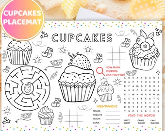 Cupcakes Kids Party Set de table Cupcakes Activité de coloriage Set de table Jeux de Cupcake Petit déjeuner Fête Bonbons Brunch Jeux Dessert Coloriage Bonbons