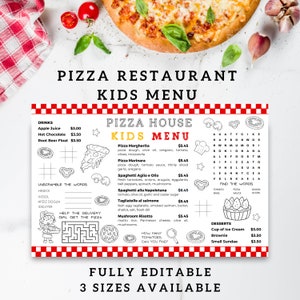 May include: A rectangular kids menu for a pizza restaurant featuring a red and white checkered border. The menu includes a list of food items, a word search puzzle, a maze, and unscramble word games with black line art illustrations of food.
