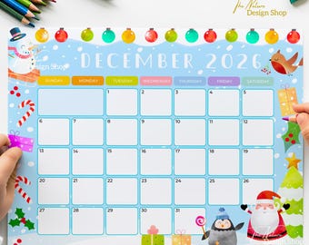Calendrier enfant décembre 2026 à imprimer - Compte à rebours de Noël - Agenda mensuel enfant - Téléchargement instantané