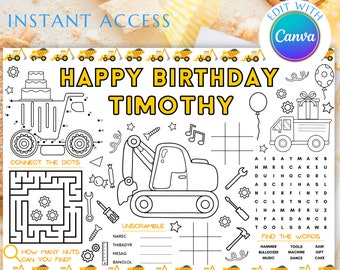 Jogo americano para festa de aniversário de caminhão de construção, lembrancinhas personalizadas para festa de construção, jogos americanos personalizados para colorir de aniversário, download digital