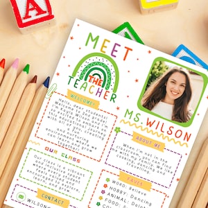 Conozca al maestro Plantilla editable Maestro Boho Rainbow Maestro Canva Plantilla Conozca a su maestro Plantilla de carta Preescolar Boho Kindergarten