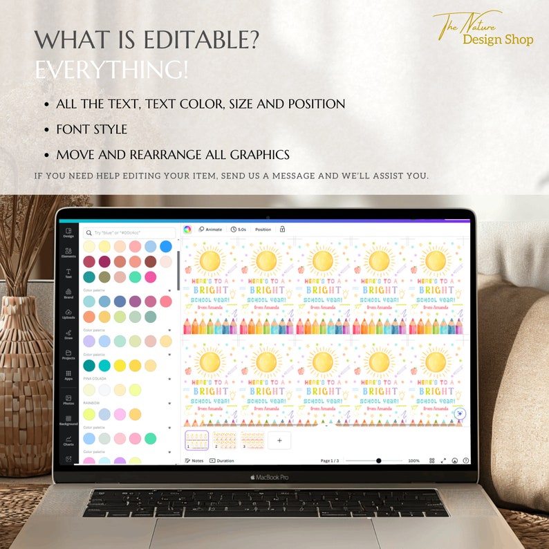May include: A laptop screen displaying a digital design template for a school year greeting card. The template features a yellow sun, rainbow colored pencils, and the text "Here's to a Bright School Year!" The template is customizable with text, colors, and graphics.