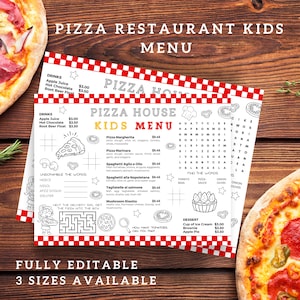 Plantilla de menú de pizza para niños Plantilla de menú de restaurante Plantilla de menú infantil editable Diseño de menú de restaurante de pizza Menú de mantel individual para colorear de pizza