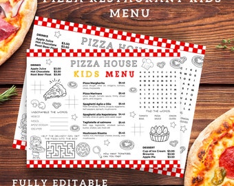 Modèle de menu de pizza pour enfants Modèle de menu de restaurant Modèle de menu pour enfants modifiable Conception de menu de restaurant de pizzas Menu de napperon à colorier