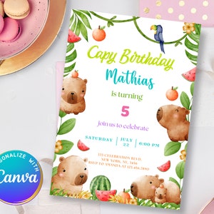 May include: A colorful birthday invitation with a capybara theme. The invitation features a capybara with a birthday hat, a watermelon, and the text "Capy Birthday Mathias is turning 5 join us to celebrate Saturday July 22 6:00 PM 333 Celebration Blvd. New York, NY, 3456 RSVP to Amanda at 123.456.7890".