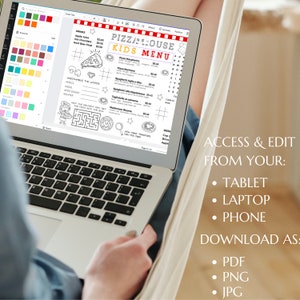 May include: A laptop screen displaying a digital kids menu template for a pizza house. The menu features black and white line art illustrations, text for food items, prices, and interactive games like a maze and word scramble on a white background.