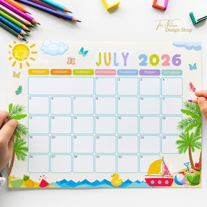 Kinderkalender Juli 2026 Druckbare Kalendervorlage Kinder Monatsplaner Sommer Ferienkalender Niedlich Vorschule Sofort Download