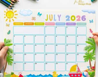 Calendrier pour enfants juillet 2026 Modèle de calendrier imprimable Agenda mensuel pour enfants Calendrier de vacances d'été scolaire Mignon préscolaire à téléchargement immédiat