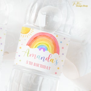 Editable arco iris botella de agua etiqueta chica arco iris fiesta de cumpleaños decoración arco iris botella etiqueta arco iris botella envoltura descarga instantánea TN4