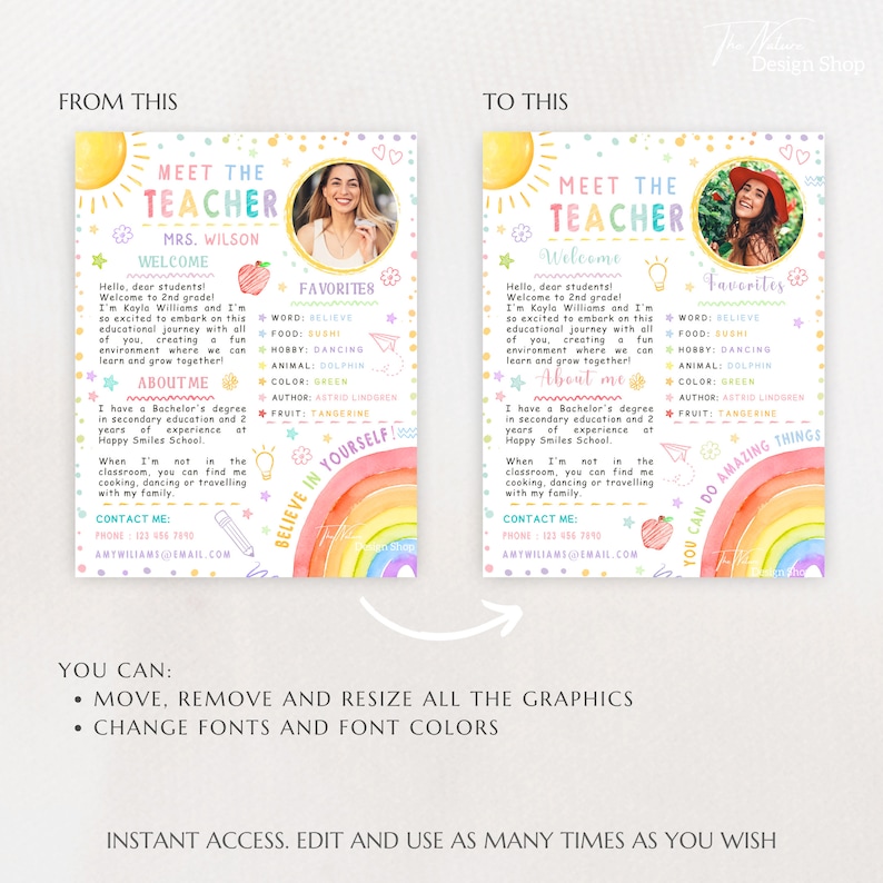 May include: Editable teacher meet the teacher template with a rainbow, a sun, and a peach. The template includes a photo of the teacher, a welcome message, and a section about the teacher's favorites. The text "Meet the Teacher" is in a pink and yellow font. The template is designed for a second-grade classroom.