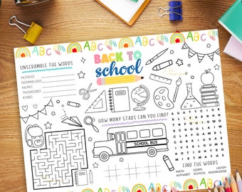 May include: A black and white printable worksheet with a back to school theme. The worksheet includes a word search, a maze, an unscramble the words activity, and a count the stars activity. The worksheet also includes a school bus, a globe, a pencil, a ruler, a pair of scissors, a beaker, and a stack of books.