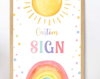 Letrero de bienvenida de cumpleaños con arcoíris personalizado editable, decoraciones para fiestas de cumpleaños de niñas, letrero de arcoíris personalizado TN4