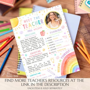 May include: A colorful teacher introduction printable with the text "Meet the Teacher Mrs. Wilson". The design includes a photo, favorite things, and a welcome message. The bottom text reads "Find more teacher's resources at the link in the description".